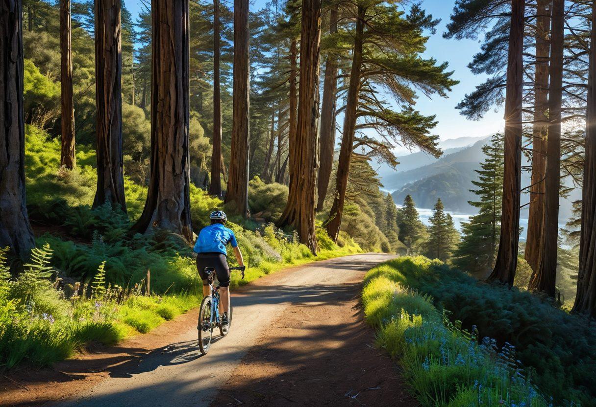 A breathtaking landscape showcasing California's diverse cycling trails, featuring a cyclist navigating through a sunlit redwood forest, a scenic coastal path with crashing waves, and a winding mountain trail. Include vibrant wildflowers along the path and a bright blue sky with soft clouds. The cyclist should be in motion, embodying the spirit of adventure and outdoor enthusiasm. super-realistic. vibrant colors. scenic background.