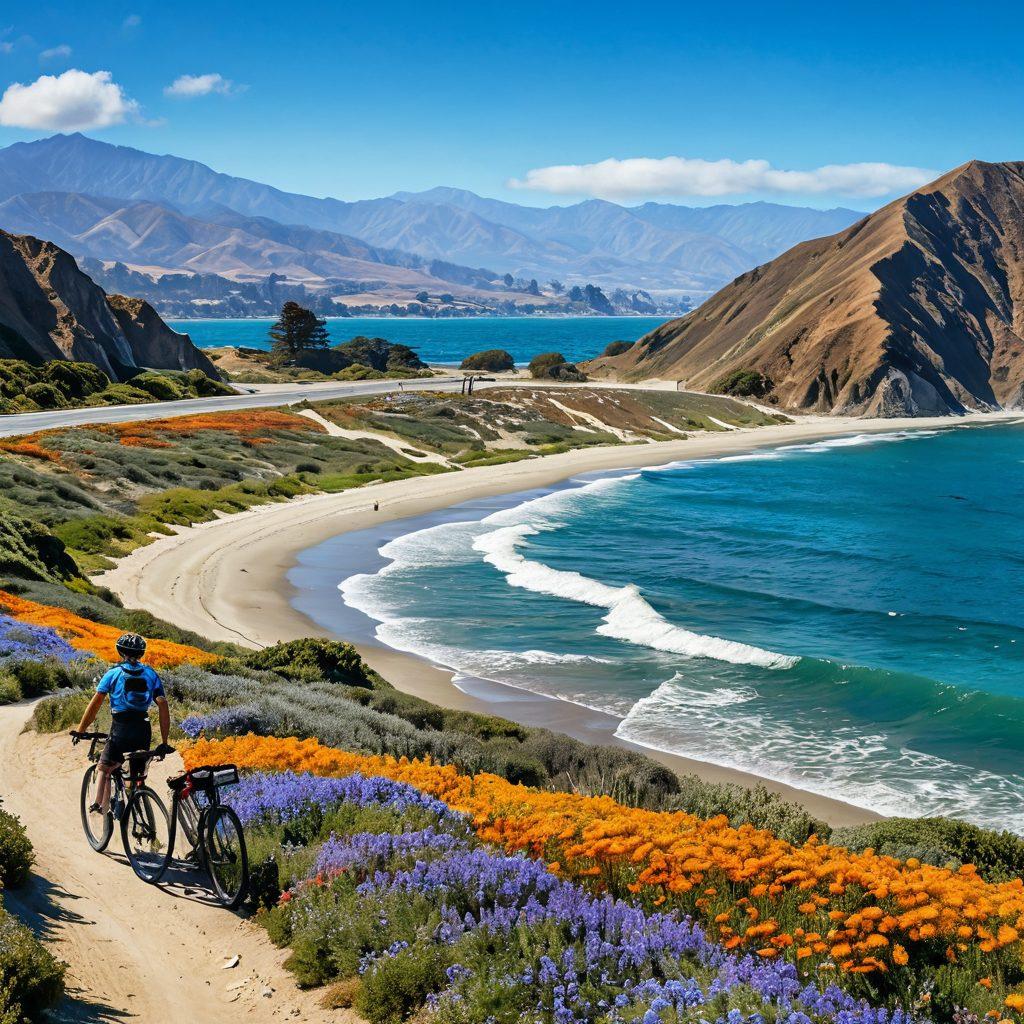 A scenic landscape illustrating California's diverse terrains, showcasing a winding bicycle path from a sunny coastal beach to majestic mountains in the background. Include cyclists enjoying the ride with vibrant wildflowers on the sides and a clear blue sky. Emphasize the contrast between the ocean waves and rugged mountain peaks. super-realistic. vibrant colors. expansive panoramic view.