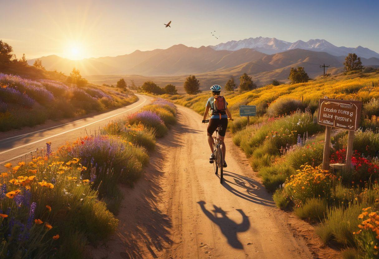A cyclist pedaling joyfully along a sun-drenched California trail, surrounded by vibrant wildflowers and majestic mountains in the background. The sun sets, casting a golden hue over the landscape, with birds soaring above and a clear blue sky. Include various trail signs indicating popular biking routes. super-realistic. vibrant colors. 3D.